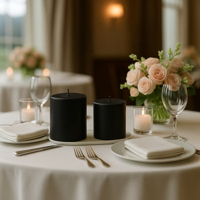 6-Pack Unscented Pillar Candles – Dripless 3"x3" Black Paraffin Wax with Smokeless Cotton Wicks, Clean & Long-Lasting 30-Hour Burn