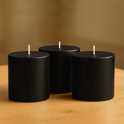 6-Pack Unscented Pillar Candles – Dripless 3"x3" Black Paraffin Wax with Smokeless Cotton Wicks, Clean & Long-Lasting 30-Hour Burn