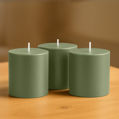 6-Pack Unscented Pillar Candles – Dripless 3"x3" Dusty Sage Green Paraffin Wax with Smokeless Cotton Wicks, Clean & Long-Lasting 30-Hour Burn