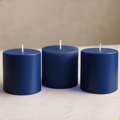 6-Pack Unscented Pillar Candles – Dripless 3"x3" Navy Blue Paraffin Wax with Smokeless Cotton Wicks, Clean & Long-Lasting 30-Hour Burn