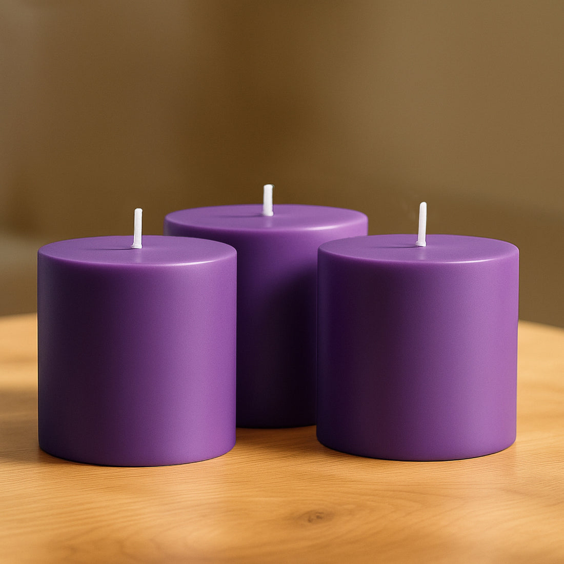 6-Pack Unscented Pillar Candles – Dripless 3x3 Purple Paraffin Wax with Smokeless Cotton