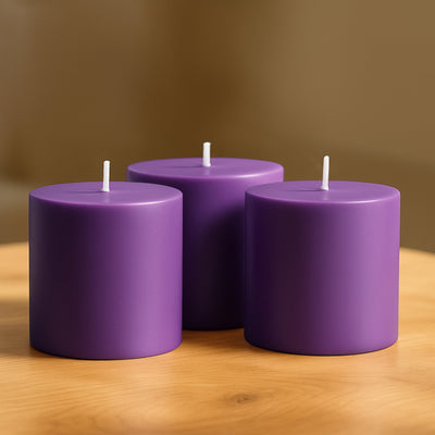 6-Pack Unscented Pillar Candles – Dripless 3"x3" Purple Paraffin Wax with Smokeless Cotton Wicks, Clean & Long-Lasting 30-Hour Burn