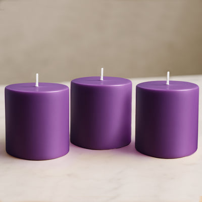 6-Pack Unscented Pillar Candles – Dripless 3"x3" Purple Paraffin Wax with Smokeless Cotton Wicks, Clean & Long-Lasting 30-Hour Burn