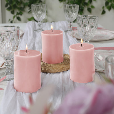 12-Pack Unscented Pillar Candles – Dripless 3"x4" Blush Paraffin Wax with Smokeless Cotton Wicks, Clean & Long-Lasting Burn for Weddings, Home & Event Decor