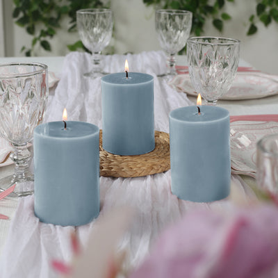 12-Pack Unscented Pillar Candles – Dripless 3"x4" Dusty Blue Paraffin Wax with Smokeless Cotton Wicks, Clean & Long-Lasting Burn for Weddings, Home & Event Decor