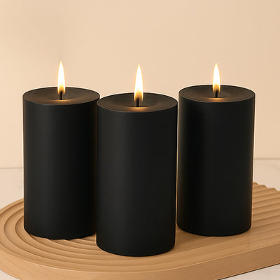 6-Pack Unscented Pillar Candles – Dripless 3"x6" Black Paraffin Wax with Smokeless Cotton Wicks, Clean & Long-Lasting 60-Hour Burn