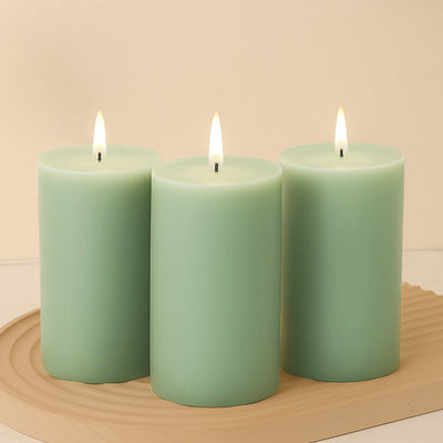 6-Pack Unscented Pillar Candles – Dripless 3"x6" Sage Green Paraffin Wax with Smokeless Cotton Wicks, Clean & Long-Lasting 60-Hour Burn