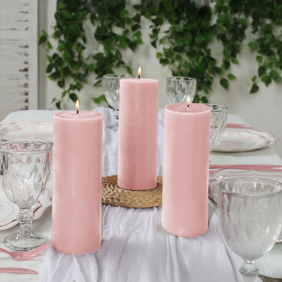 12-Pack Unscented Pillar Candles – Dripless 3"x8" Blush Paraffin Wax with Smokeless Cotton Wicks, Clean & Long-Lasting Burn for Weddings, Home & Event Decor