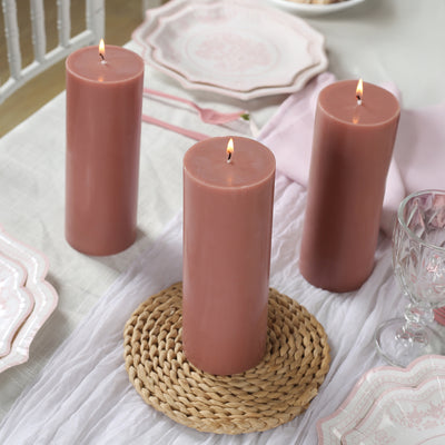 12-Pack Unscented Pillar Candles – Dripless 3"x8" Dusty Rose Paraffin Wax with Smokeless Cotton Wicks, Clean & Long-Lasting Burn for Weddings, Home & Event Decor