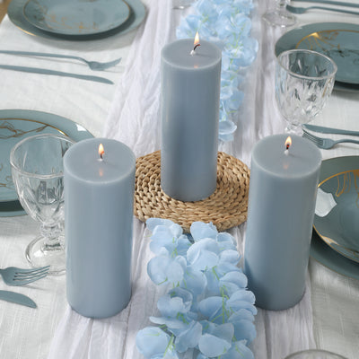 12-Pack Unscented Pillar Candles – Dripless 3"x8" Dusty Blue