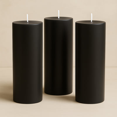 6-Pack Unscented Pillar Candles – Dripless 3"x9" Black Paraffin Wax with Smokeless Cotton Wicks, Clean & Long-Lasting 90-Hour Burn