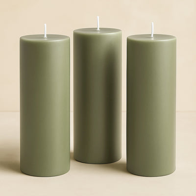 6-Pack Unscented Pillar Candles – Dripless 3"x9" Dusty Sage Green Paraffin Wax with Smokeless Cotton Wicks, Clean & Long-Lasting 90-Hour Burn
