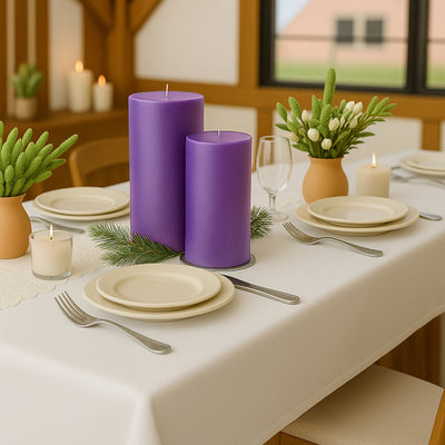 6-Pack Unscented Pillar Candles – Dripless 3"x9" Purple Paraffin Wax with Smokeless Cotton Wicks, Clean & Long-Lasting 90-Hour Burn