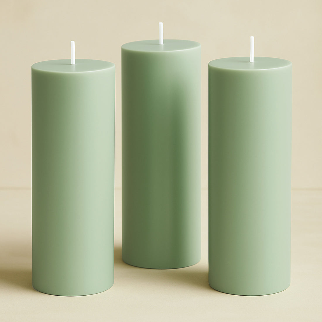 6-Pack Unscented Pillar Candles Dripless 3x9inch Sage Green Paraffin Wax Smokeless