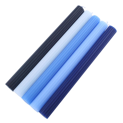 5-Pack Taper Candles 9" Ribbed Wick Ribbon Wax Design Assorted Blue - Premium Unscented Dinner Candles