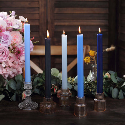 5-Pack Taper Candles 9" Ribbed Wick Ribbon Wax Design Assorted Blue - Premium Unscented Dinner Candles