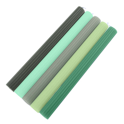 5-Pack Taper Candles 9" Ribbed Wick Ribbon Wax Design Assorted Green - Premium Unscented Dinner Candles