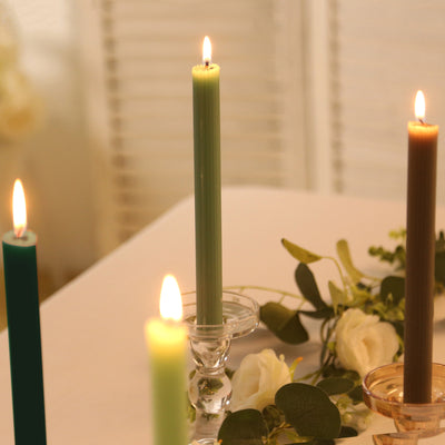 5-Pack Taper Candles 9" Ribbed Wick Ribbon Wax Design Assorted Sage Green - Premium Unscented Dinner Candles