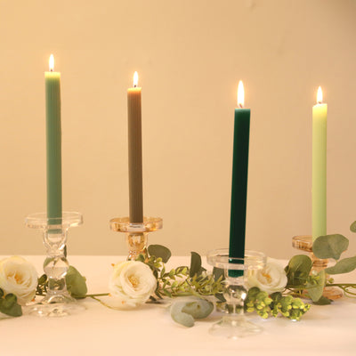 5-Pack Taper Candles 9" Ribbed Wick Ribbon Wax Design Assorted Sage Green - Premium Unscented Dinner Candles