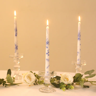12 Pack French Toile Wax Taper Candles White and Blue Unscented Candles - 10"