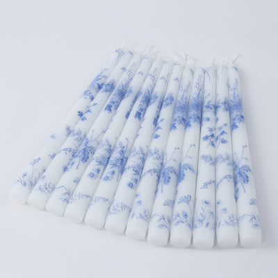 12 Pack French Toile Wax Taper Candles White and Blue Unscented Candles - 10"