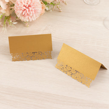 50 Pack Gold Wedding Table Name Place Cards with Laser Cut Leaf Vine Design, Printable Reservation Seating Tent Cards - 210 GSM