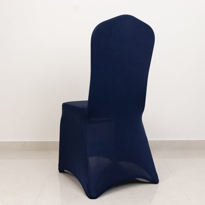 Premium Spandex Stretch Fitted Banquet Chair Cover 220GSM Navy Blue with Foot Pockets - Durable Slipcover