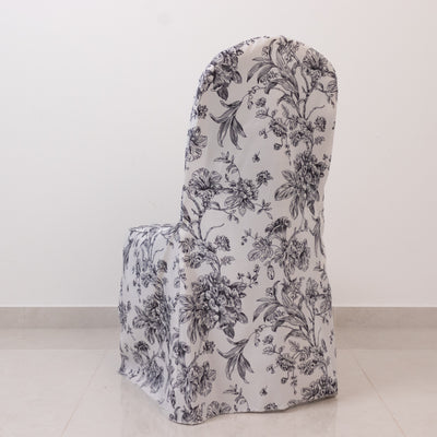 10 Pack Polyester Banquet Chair Covers – White Black French Toile Pattern, Reusable Stain-Resistant Slip-On Slipcovers