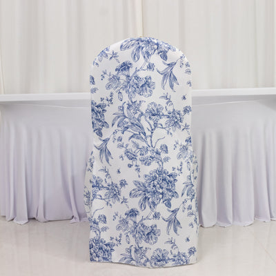 10 Pack Polyester Banquet Chair Covers – White Blue French Toile Pattern, Reusable Stain-Resistant Slip-On Slipcovers