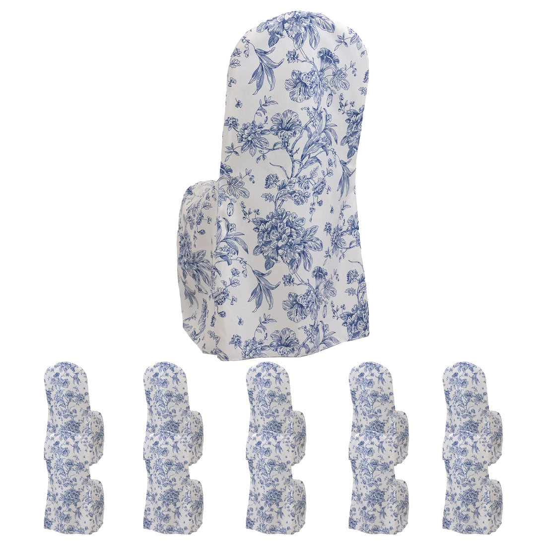 10 Pack Polyester Banquet Chair Covers – White Blue French Toile Pattern, Reusable