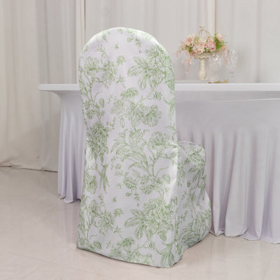 10 Pack Polyester Banquet Chair Covers – White Dusty Sage Green French Toile Pattern, Reusable Stain-Resistant Slip-On Slipcovers