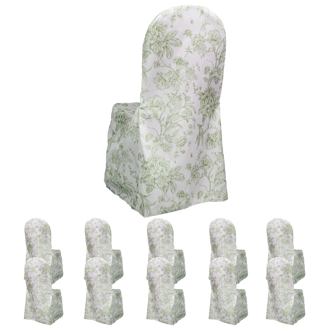 10 Pack Polyester Banquet Chair Covers – White Dusty Sage Green French Toile Pattern