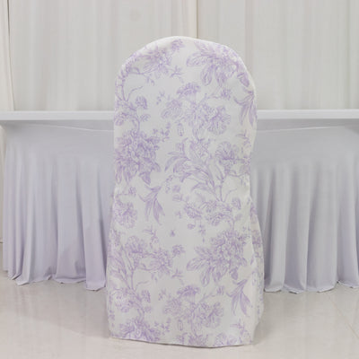 10 Pack Polyester Banquet Chair Covers – White Lavender Lilac French Toile Pattern, Reusable Stain-Resistant Slip-On Slipcovers