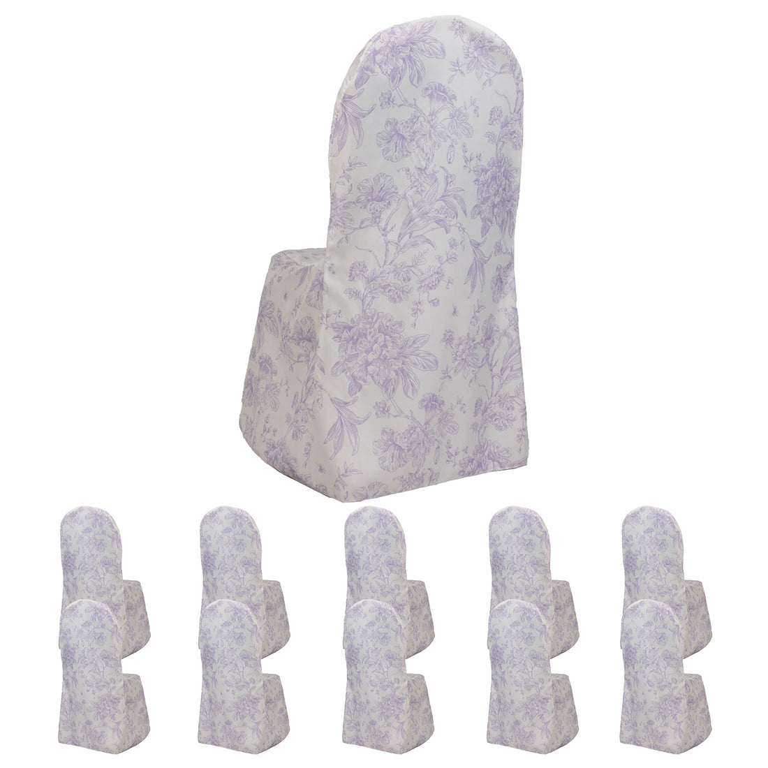 10 Pack Polyester Banquet Chair Covers – White Lavender Lilac French Toile Pattern