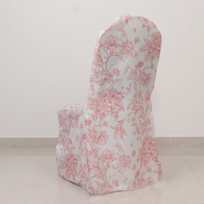 10 Pack Polyester Banquet Chair Covers – White Pink French Toile Pattern, Reusable Stain-Resistant Slip-On Slipcovers