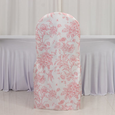 10 Pack Polyester Banquet Chair Covers – White Pink French Toile Pattern, Reusable Stain-Resistant Slip-On Slipcovers