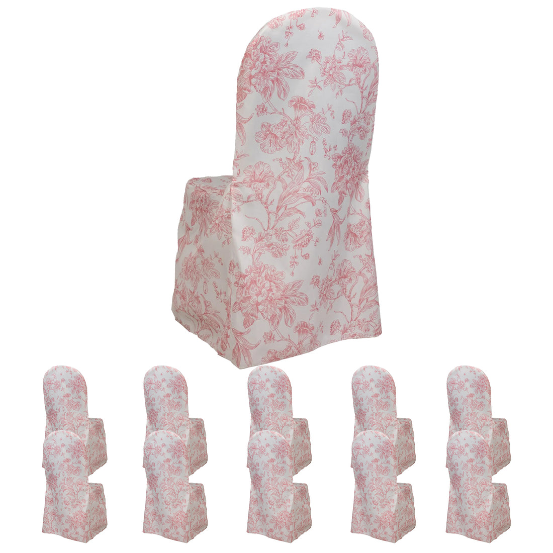 10 Pack Polyester Banquet Chair Covers – White Pink French Toile Pattern, Reusable