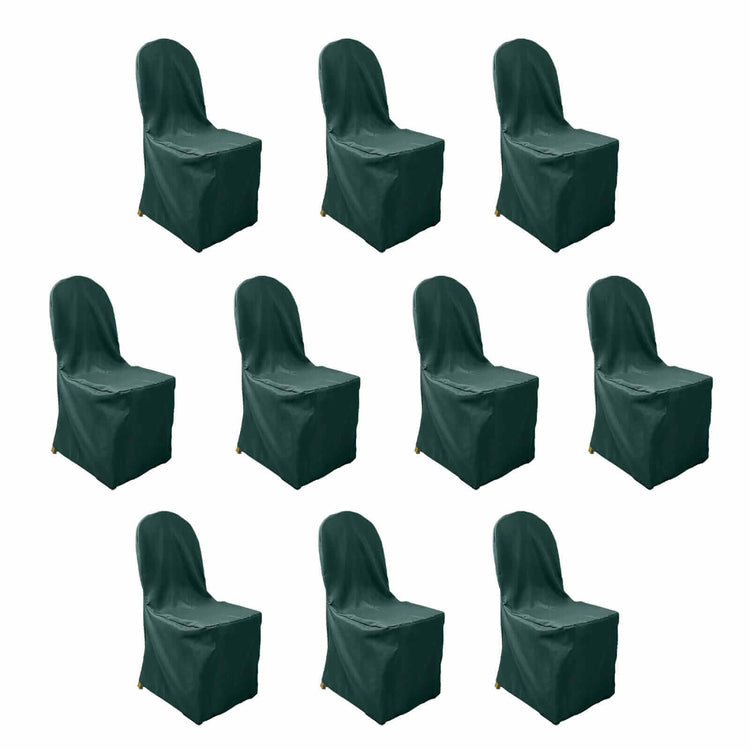 10 Pack Hunter Emerald Green Polyester Banquet Chair Covers, Reusable Stain Resistant Slip#whtbkgd