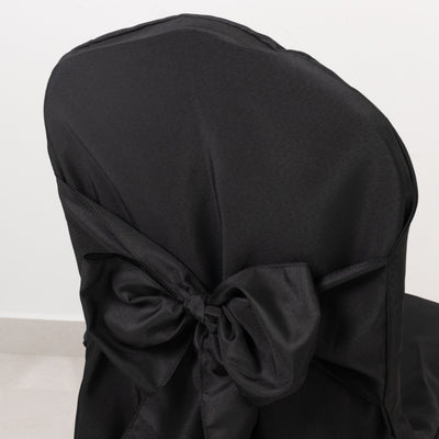 10-Pack Polyester Banquet Chair Covers with Attached Sashes – Black Reusable Stain-Resistant Slip-On Covers for Wedding & Event Decor