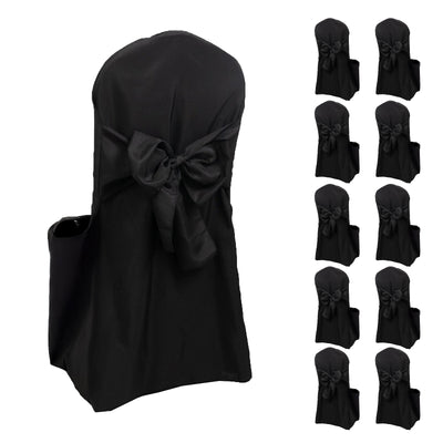 10-Pack Polyester Banquet Chair Covers with Attached Sashes – Black Reusable Stain-Resistant Slip-On Covers for Wedding & Event Decor