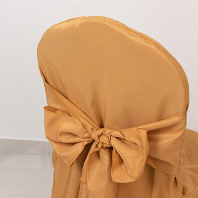 10-Pack Polyester Banquet Chair Covers with Attached Sashes – Gold Reusable Stain-Resistant Slip-On Covers for Wedding & Event Decor