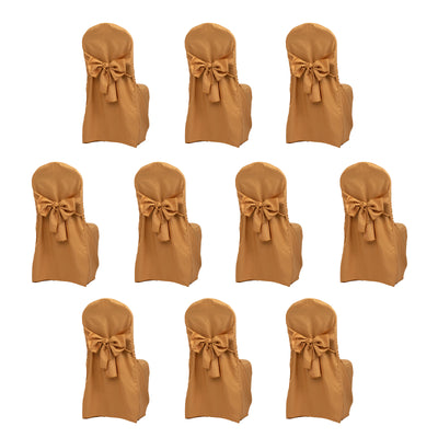 10-Pack Polyester Banquet Chair Covers with Attached Sashes – Gold Reusable Stain-Resistant Slip-On Covers for Wedding & Event Decor