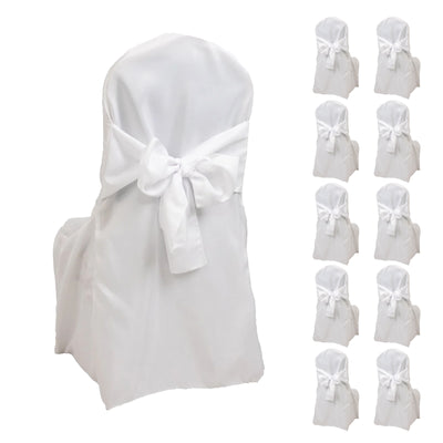 10-Pack Polyester Banquet Chair Covers with Attached Sashes – White Reusable Stain-Resistant Slip-On Covers for Wedding & Event Decor