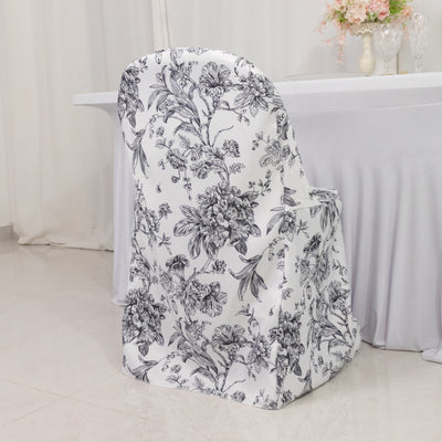 10 Pack Polyester Folding Chair Covers – White Black French Toile Pattern, Reusable Stain-Resistant Slip-On Slipcovers