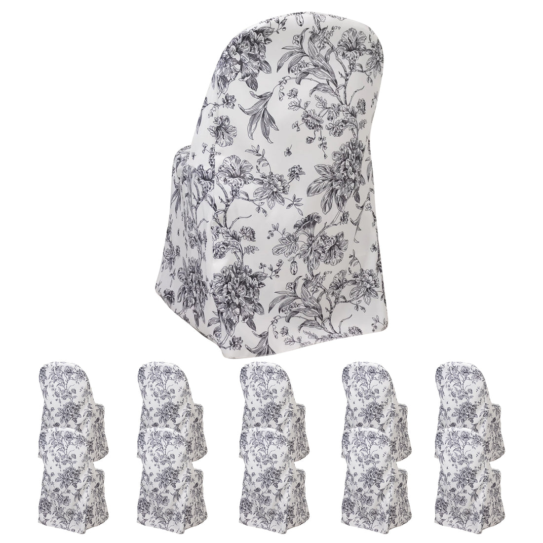 10 Pack Polyester Folding Chair Covers – White Black French Toile Pattern, Reusable Stain-Resistant