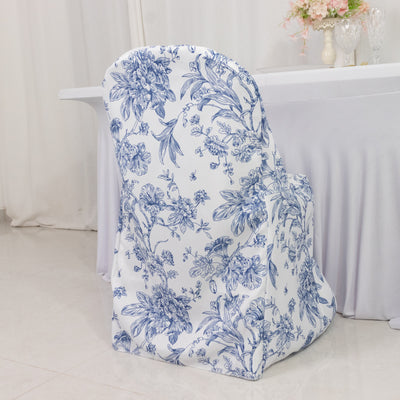 10 Pack Polyester Folding Chair Covers – White Blue French Toile Pattern, Reusable Stain-Resistant Slip-On Slipcovers