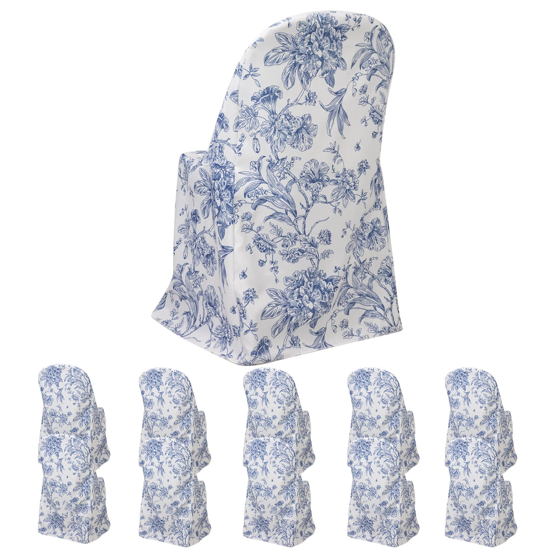10 Pack Polyester Folding Chair Covers – White Blue French Toile Pattern, Reusable Stain-Resistant