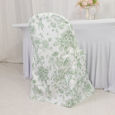 10 Pack Polyester Folding Chair Covers – White Dusty Sage Green French Toile Pattern, Reusable Stain-Resistant Slip-On Slipcovers