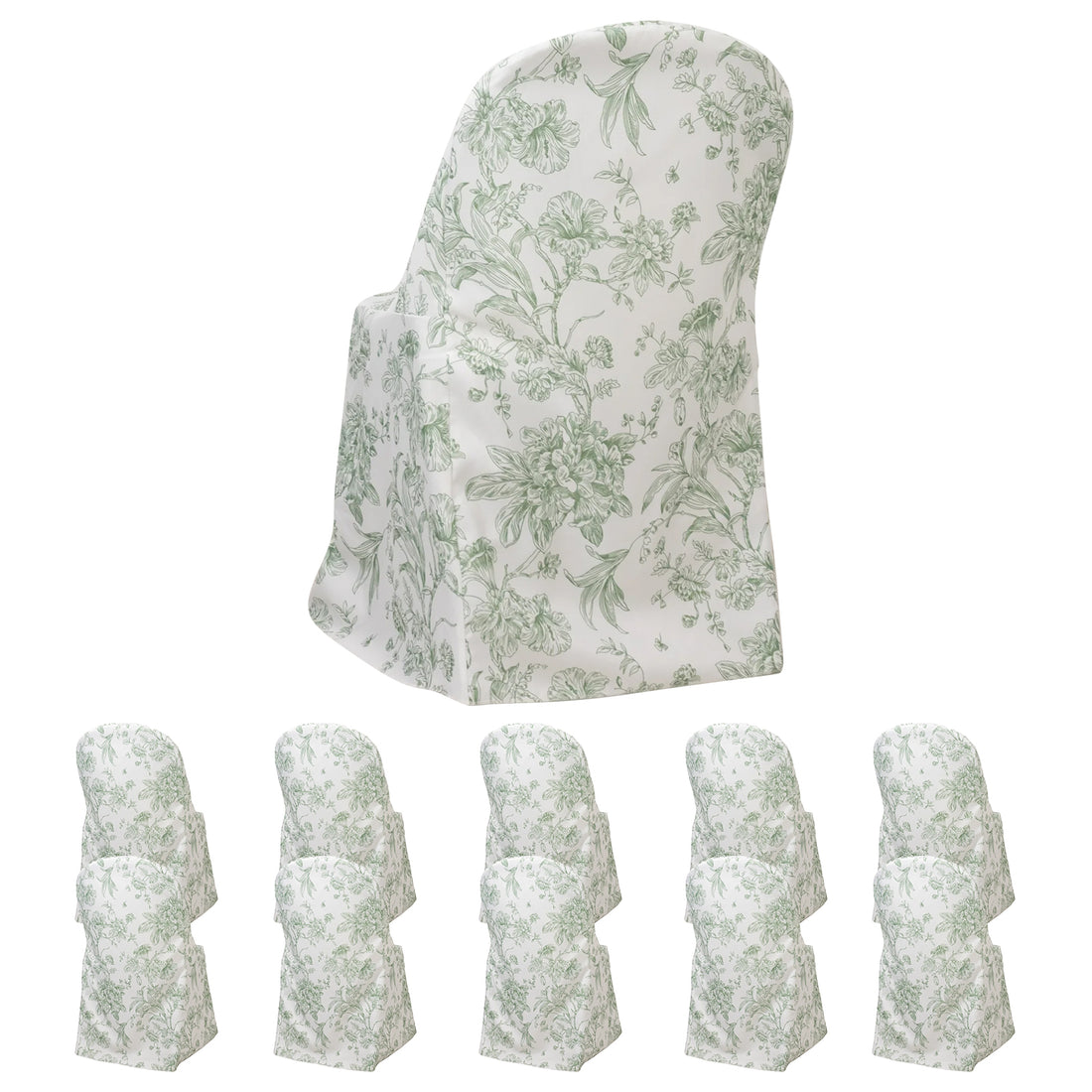 10 Pack Polyester Folding Chair Covers – White Dusty Sage Green French Toile Pattern, Reusable
