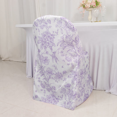 10 Pack Polyester Folding Chair Covers – White Lavender Lilac French Toile Pattern, Reusable Stain-Resistant Slip-On Slipcovers